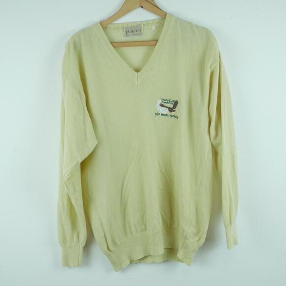 Vintage Large Sweater V Neck Embroidered Eagle Preppy Golf Butter Yellow Grandpa - Picture 1 of 8